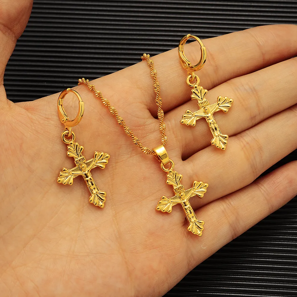 Ethiopian cross Jewelry set Necklace Pendant and Earrings Ethiopia Gold Eritrea sets for Women's Habesha Wedding party Gift