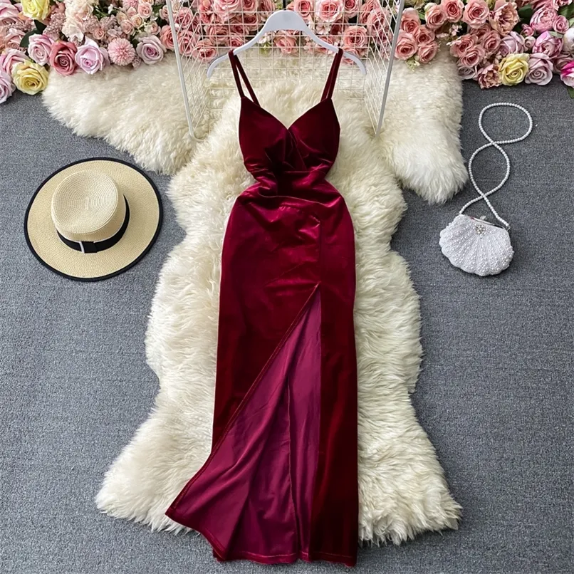 Spring Women Velvet Suspender Bra Dress Slim Show Atmosphere Celebrity Temperament Fashion Split Virtual Party Clothing 220608