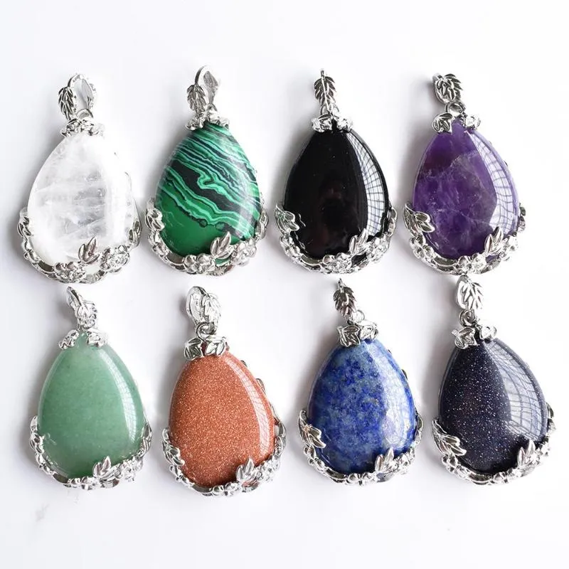 Pendentif Colliers Femmes Pierre Naturelle Violet Cristal Aventurine Lapis Lazuli Larme Incrusté Fleur En Métal En Gros 8pcs / lot FreePenda