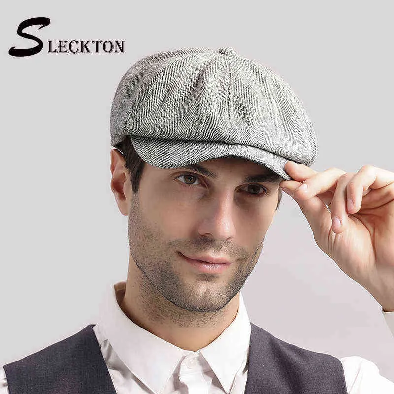 SLECKTON WYSOKIEJ JAKOŚCI MENS MASPAPERA KAŻ SZAWNE Zimowe Czapki dla mężczyzn moda tweed berety retro ośmioboczny kapelusz ojciec hats szczyt niewidomy J220722