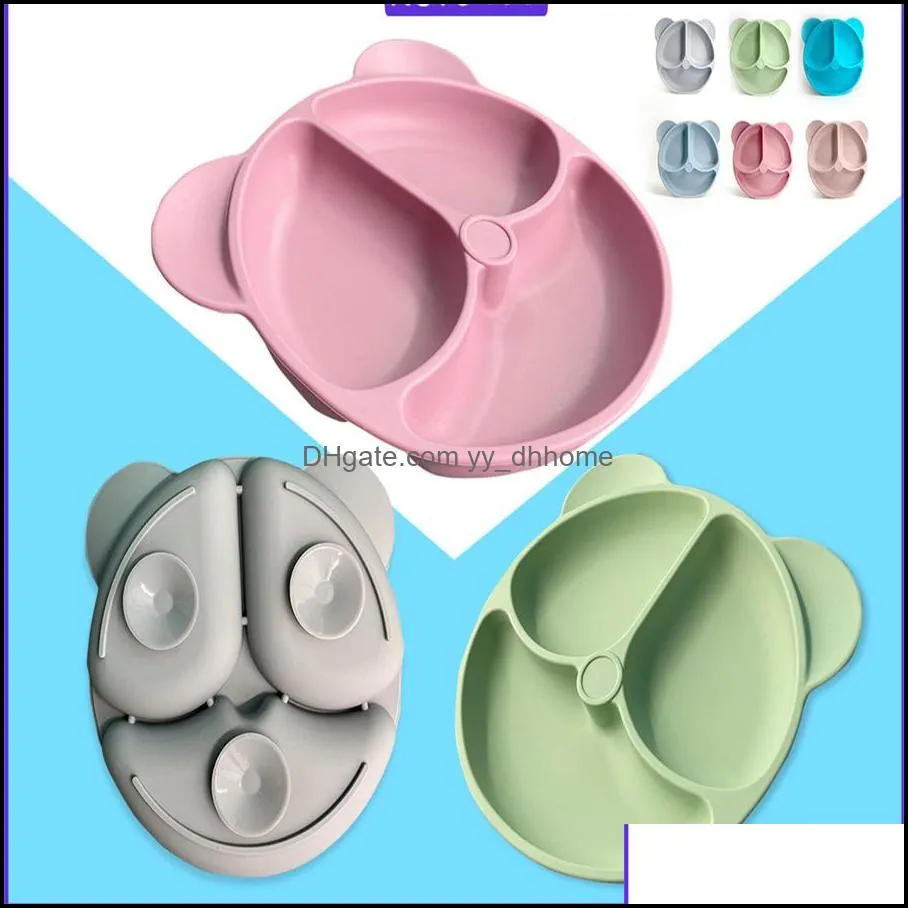 New children`s bear silicone dinner plate sucker tableware supplementary food bowl one-piece meal training spoon set