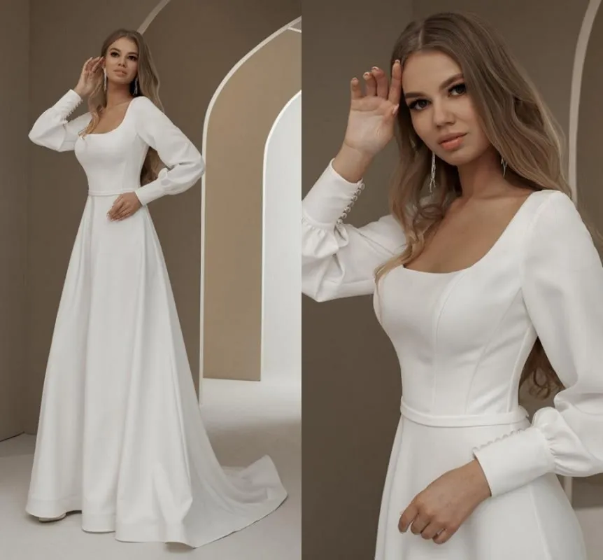 Ivory Satin Long Sleeves Scoop Floor-Length A-Line Wedding Dresses Sweep Train Custom Made Bridal Gowns Vestidos De Noiva Simple