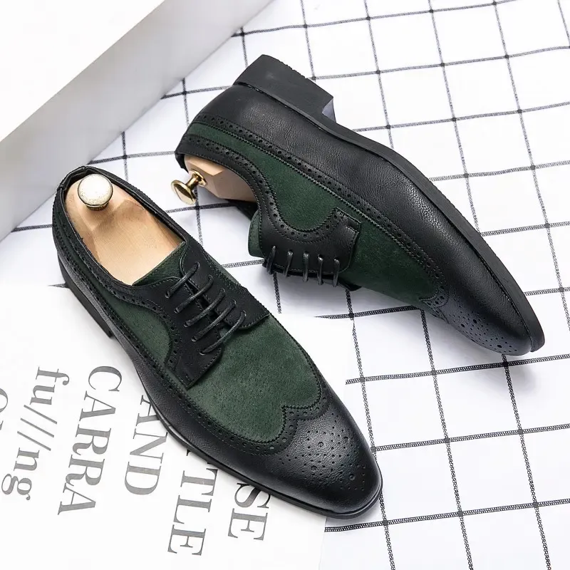 Brogue Shoes Men PU Round Toe Flat Casual Fashion Hollow Carved Stitching Faux Suede Lace-up Business Formal Shoes DP280