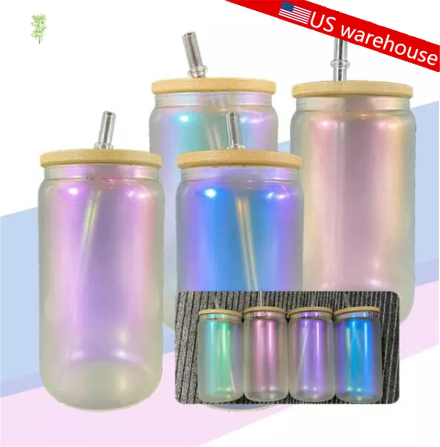 US warehouse 16oz small pack iridescent sublimation glass tumblers with bamboo lid glossy glasses cola beer can beverage DIY wine tumbler heat transfer cups