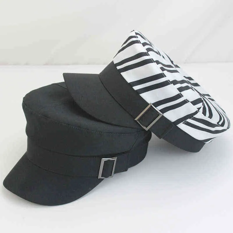 Korean Version Navy Hat Ladies Autumn Allmatch Sun Cap Japanese Spring Fashion Zebra Pattern Flat Top Hats J220722