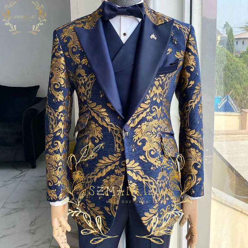 2022 Luxury Gold Floral Jacket Navy Blue Men's Suits 3 Pieces Slim Fit Groomsman Groom Wedding Tuxedos Party Blazer Vest Pant