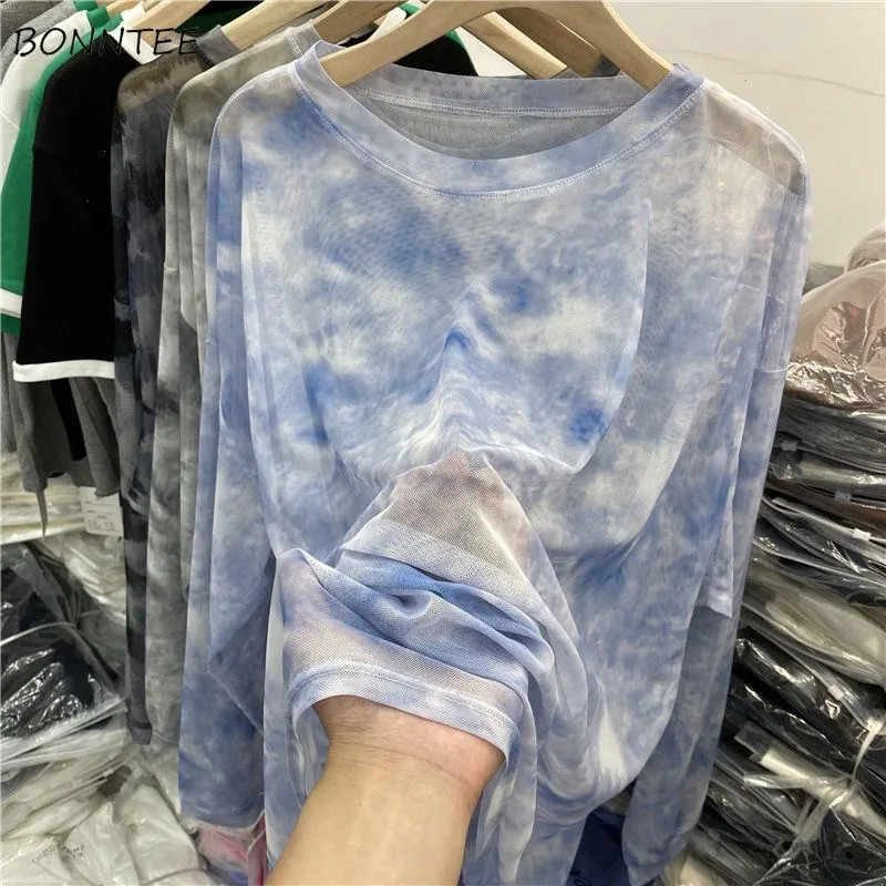 Langarm T-shirts Frauen T Tie Dye Harajuku Koreanischen Stil Design Sun-proof Lose Mesh Sehen-durch Camisetas Ins mujer Tops Straße