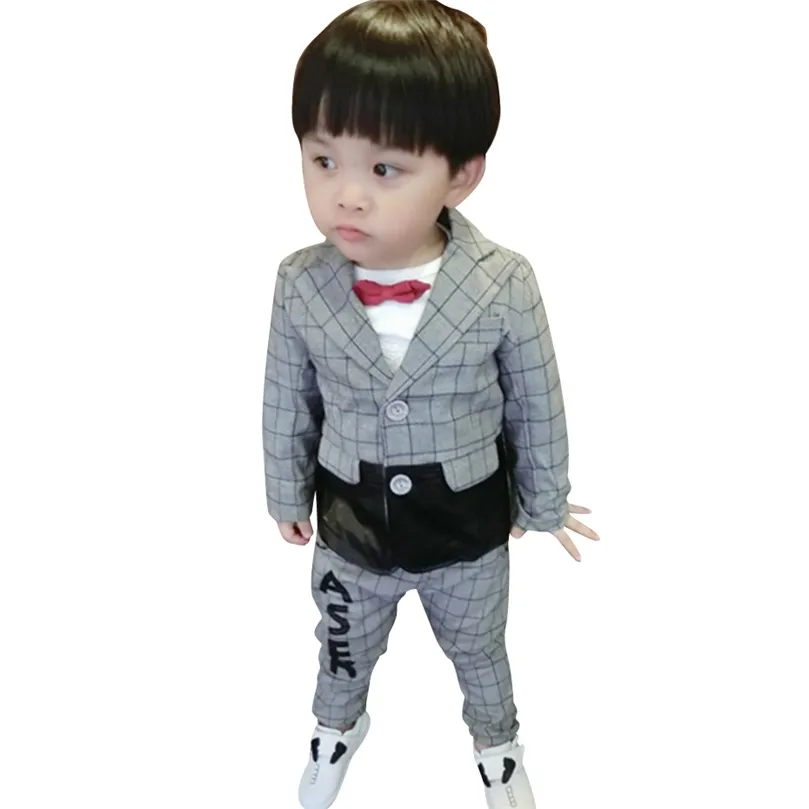 Pojkesdräkt Set Patchwork Suit For Boys Plaid Jacket Pants Big Boy Clothes Spring Autumn Children's Costume 210412