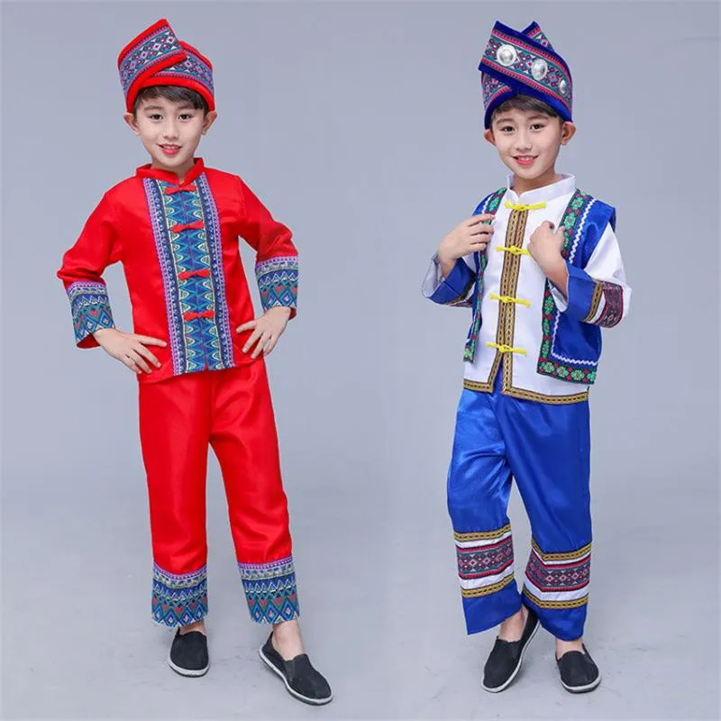 Scenkläder Barn Kinesisk Forntida Hmong Miao Dräkt Pojkar Tryck Folk Hanfu Klänning Kläder Set Traditionell Festival Performance WearStage