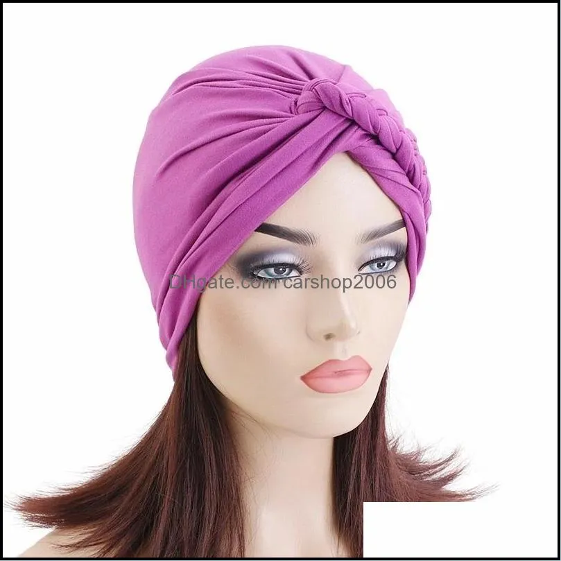 soft cross braids hijabs hats pure color african muslim women`s wraps turban cap beanies fashion hair loss chemo bonnet