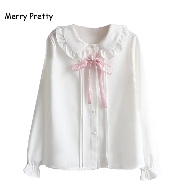 Merry Pretty Women Camicette Ragazze Autunno Manica lunga Colletto alla Peter Pan Rosa Bowknot Camicetta in chiffon bianco Camicia Uniforme scolastica Top 210326