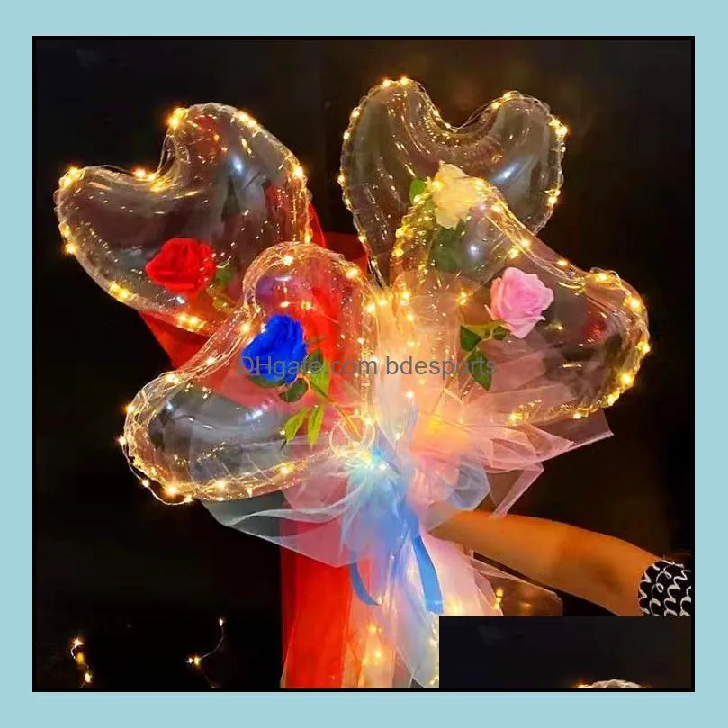 Party Decoration LED Bobo Balloon Flashing Light Heart Shaped Rose Flower Ball Transparent Wedding Valentine`s Day Gift by sea