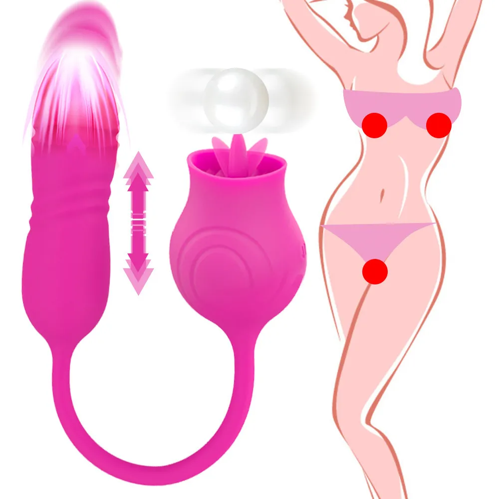 Rose Vorm Tweekoppige Vagina Zuigen Telescopische Vibrators Tepel Sucker Orale Likken Clitoris Stimulatie sexy Speelgoed Voor Vrouwen