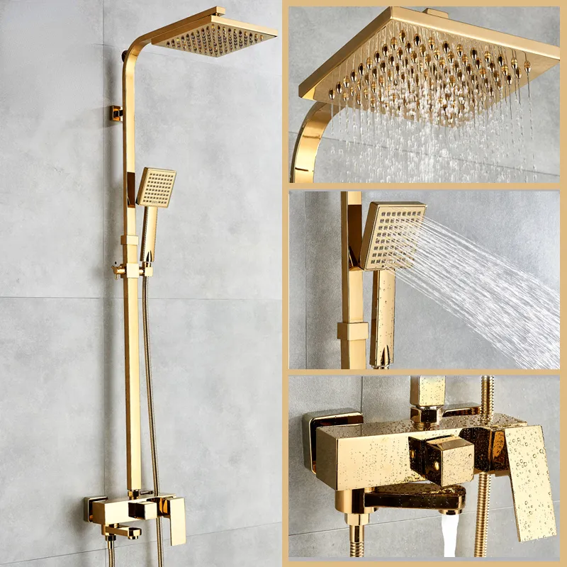 Luxury Gold Shower Faucet Hot Cold Water Mixer Tap Wall Mounted Shower System Kit Sliding Bar