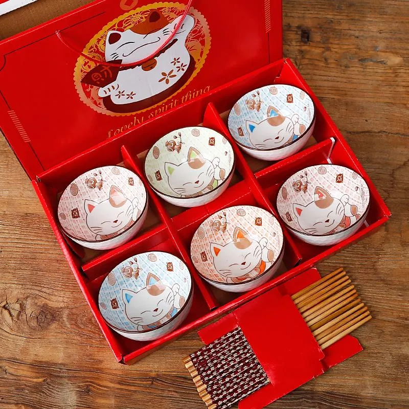 Bowls 2/4/6 People Sets Ceramic Bow Chopsticks Print Porcelain Bowl