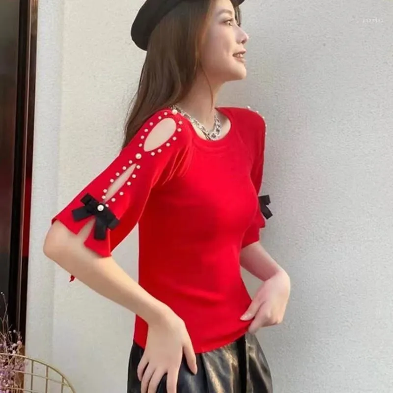 여자 티셔츠 섹시한 끈이없는 구슬 셔츠 슬림 bowknot 한국 캐주얼 니트 탑 여자