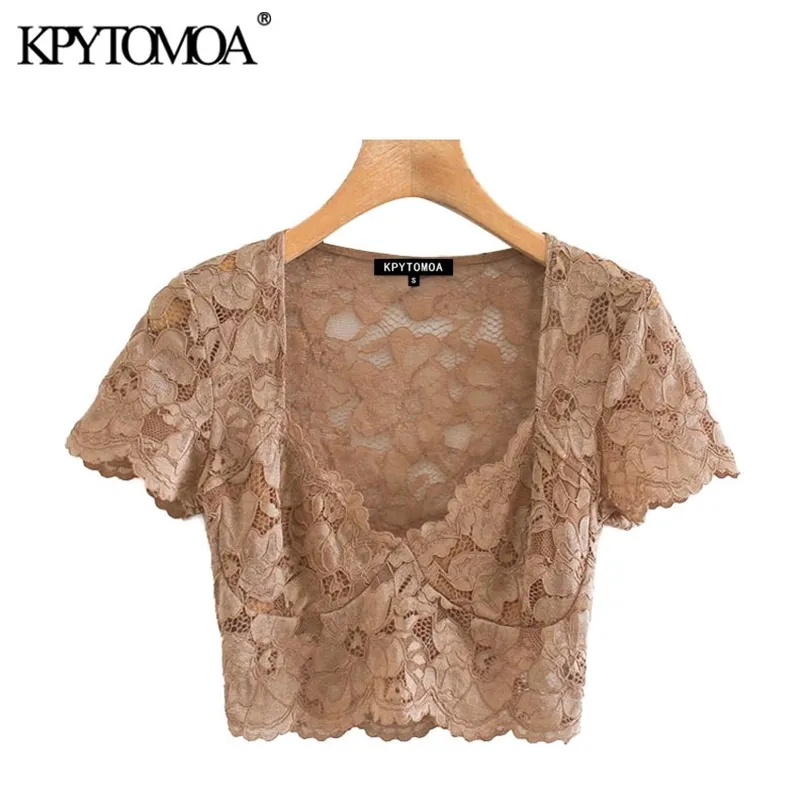 KPYTOMOA Moda donna sexy Vedere attraverso camicette ritagliate in pizzo Vintage scollo a V manica corta Camicie femminili Blusas Chic Top 210226