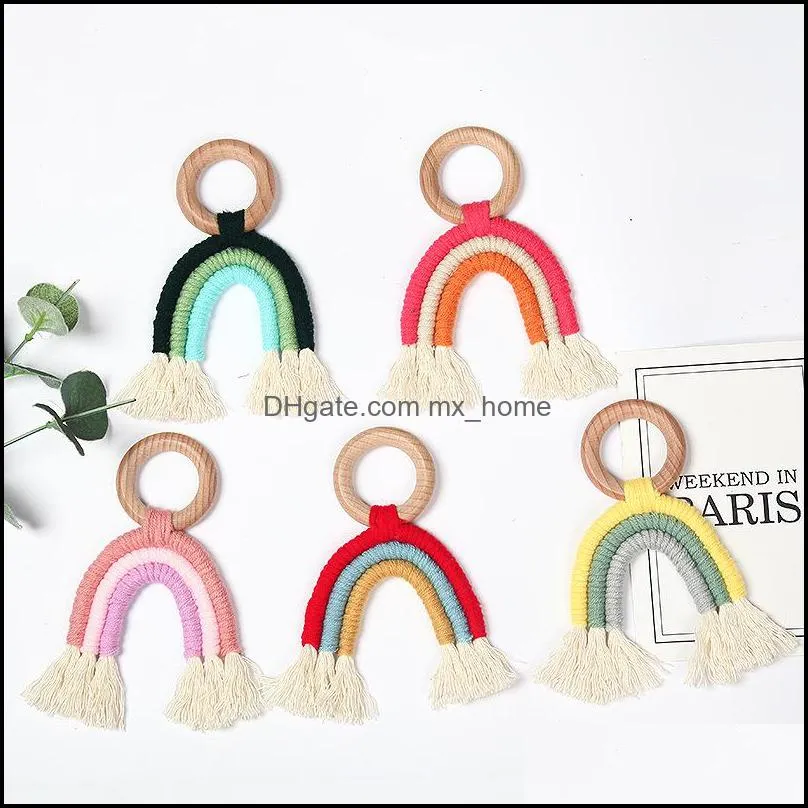 nordic wall decor woven rainbow kids room decoration pendants wood crafts wooden ring tassel rainbow hanging ornaments z6756