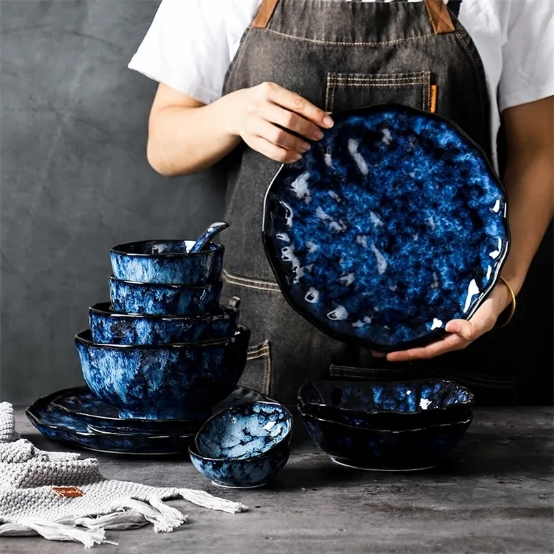 Keramik-Teller und Schüsseln, blaue Gerichte, kreatives japanisches Retro-Geschirr, Geschirr-Set, Platos De Cena 220307