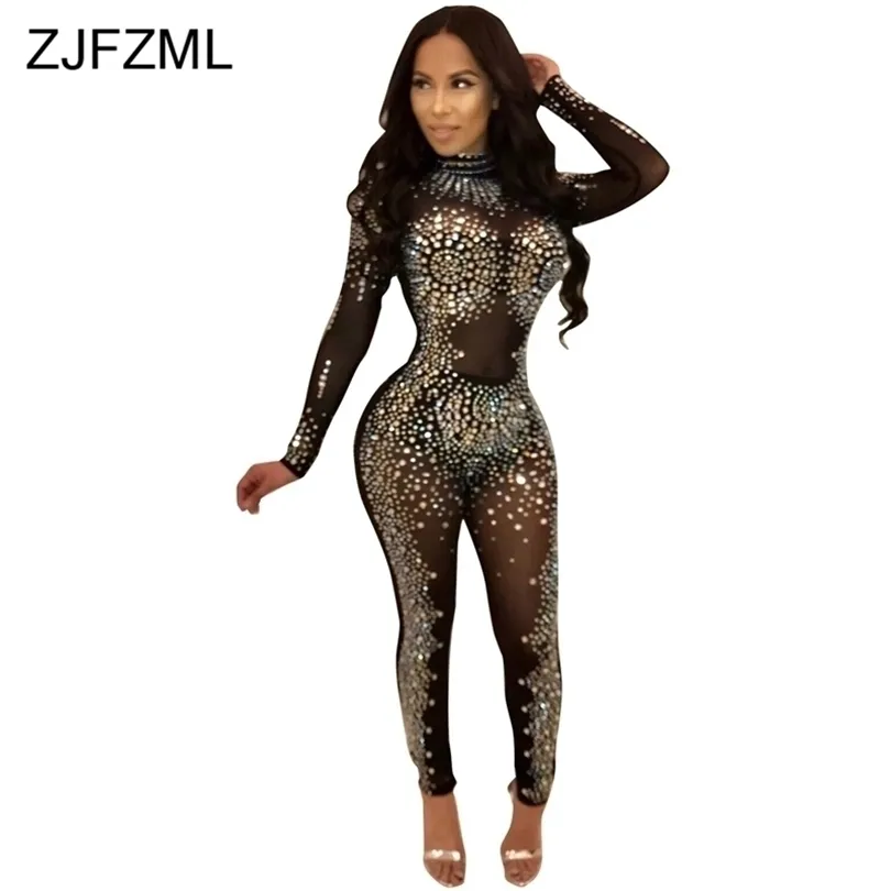 Sparkly Rhinestones Sexy Party Jumpsuit Women Mesh Patchwork See Through BodyCon total Elegant Long Sleeve Plus Size Romper T200509