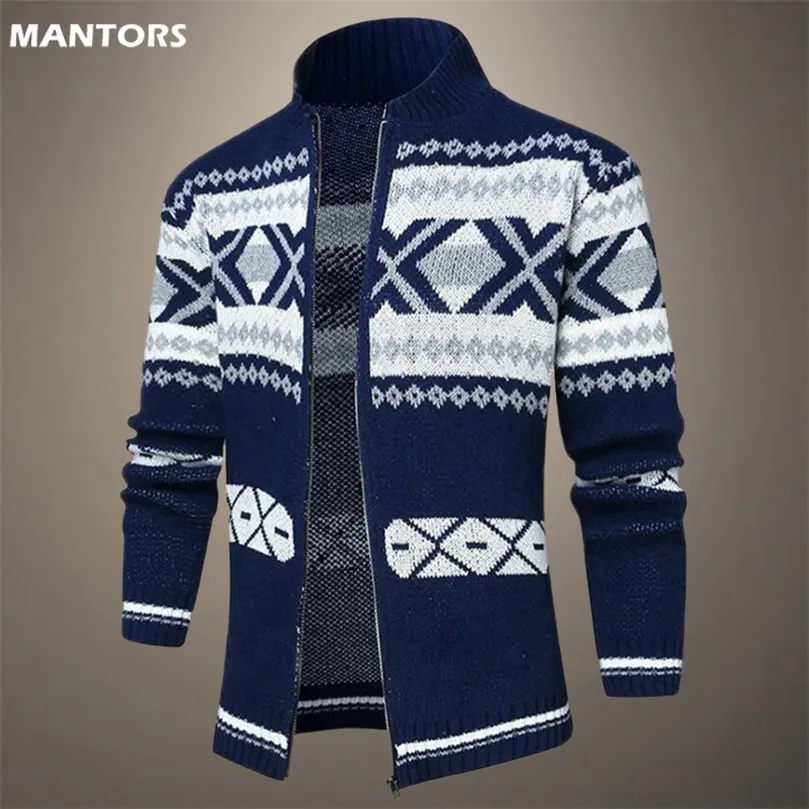 Jacquard Mens Sweater Coat Cardigan Men Knitted Jacket Stand Collar Autumn Winter Warm Coats Clothing 220804