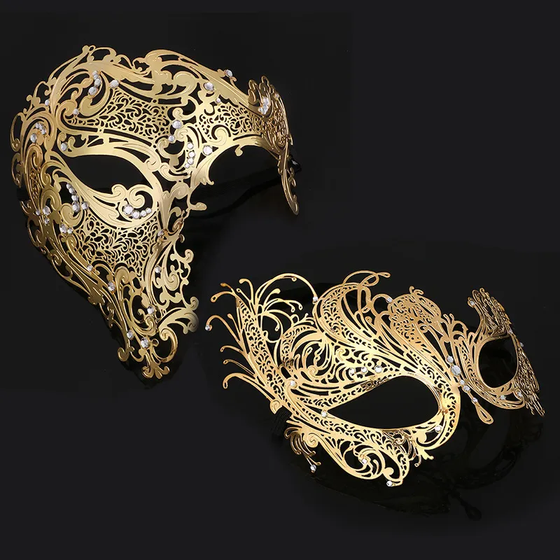 Black Gold Skull Metal Mask Halloween rhinestones Half Face Venetian Masquerade Men White Women Filigree Party 220715