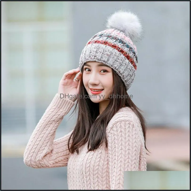 Women Fur Pom Ball Knit Baggy Bobble Hat Beanie Ski Cap Autumn Winter Female Warm Strip Beanies1