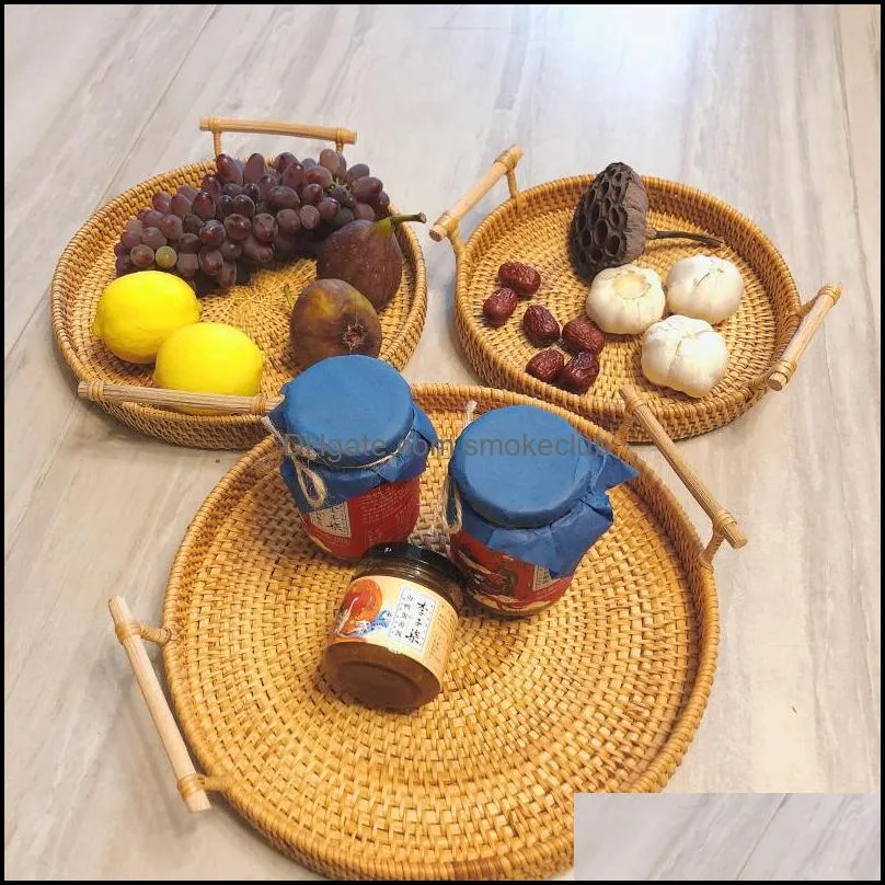 Kitchen Storage & Organization Hand-Woven Rattan Tray Household Bread Basket Fruit Round Binaural Wooden Handle Dinner