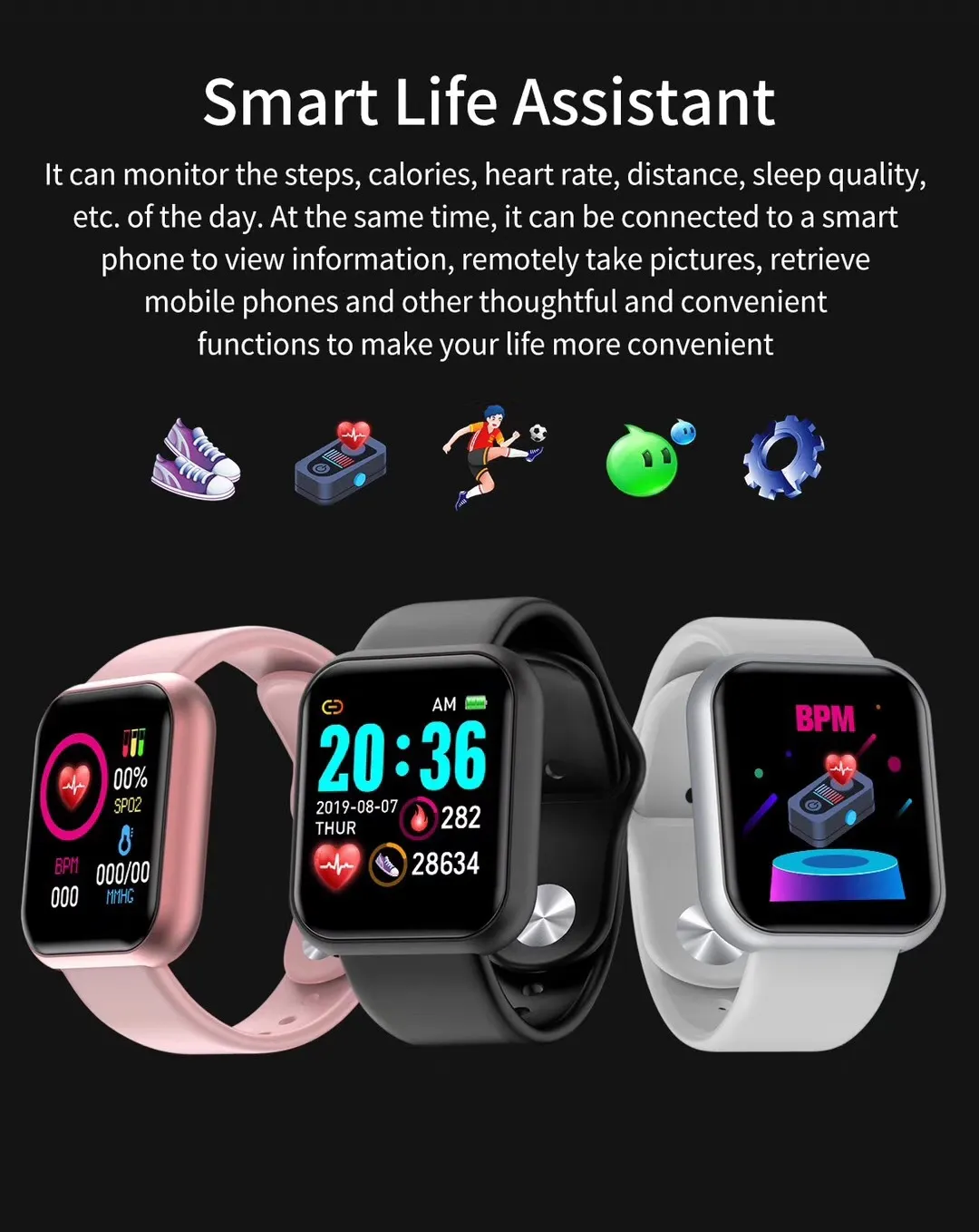 Business Erwachsene Verwendung y68 Smartwatches Herzfrequenzuhr Sport Smartwatches Smart Bluetooth Band Wasserdichte Smartwatch Android Geschenk Kinder