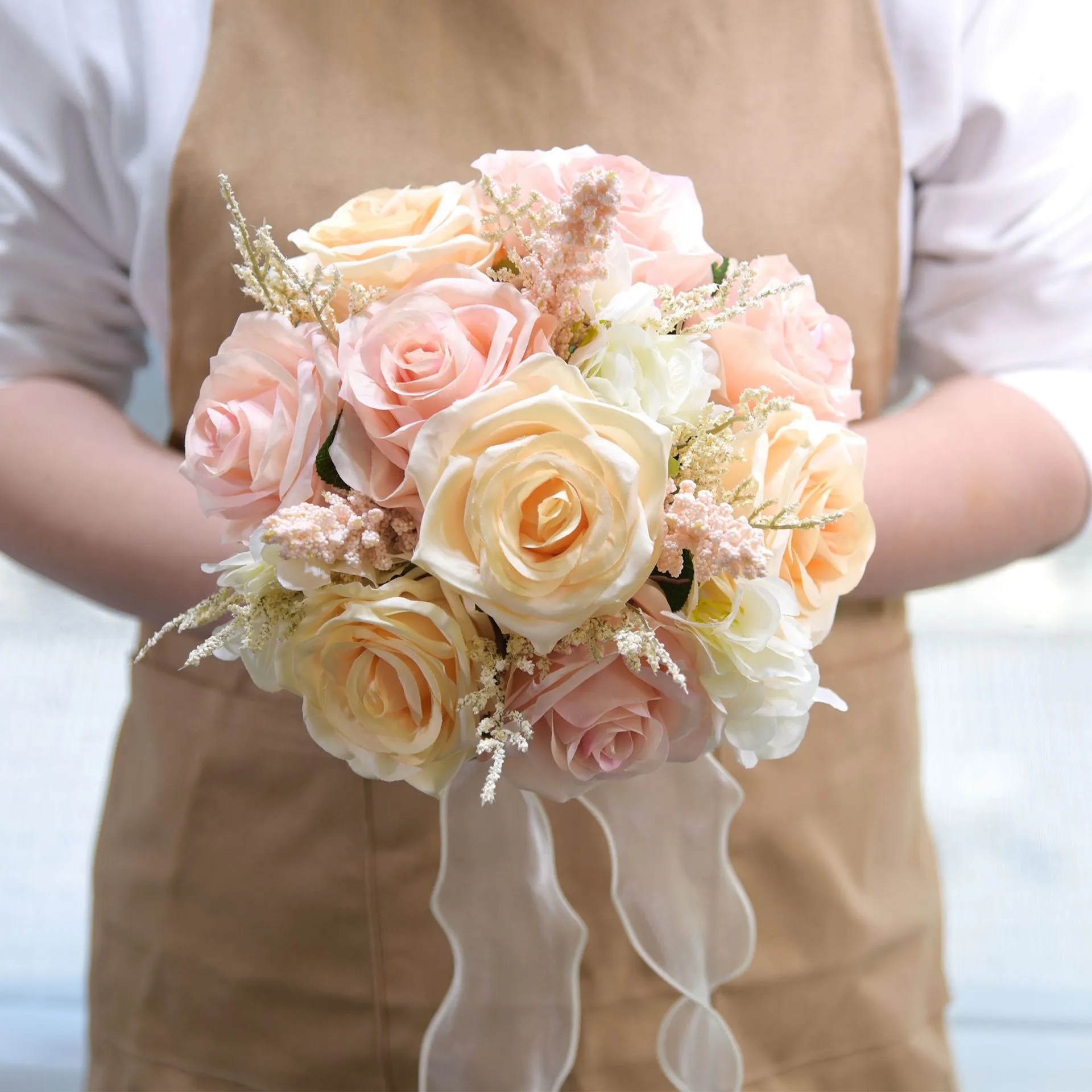 Boho Bruids Bruidsmeisje Boeket 2024 Kunstmatige Bruiloftsbloemen Champagne Ivoor Blush Roze Rozen 25cm * 25cm Quinceanera Kweepeer Feest Zijden Bloem