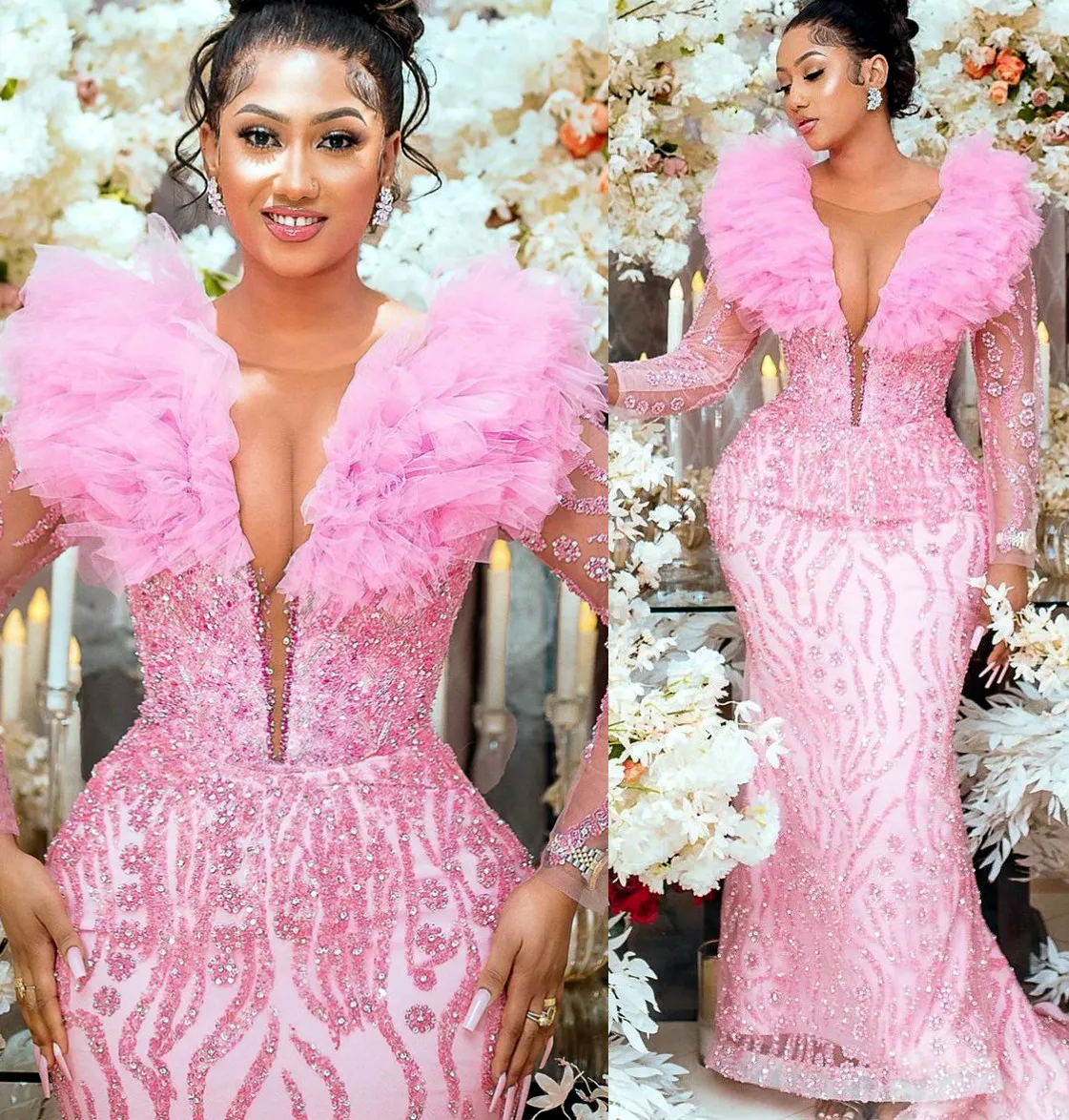2022 Plus Size Arabic Aso Ebi Pink Mermaid Luxurious Prom Dresses Sheer Neck Evening Formal Party Second Reception Birthday Engagement Gowns Dress ZJ211