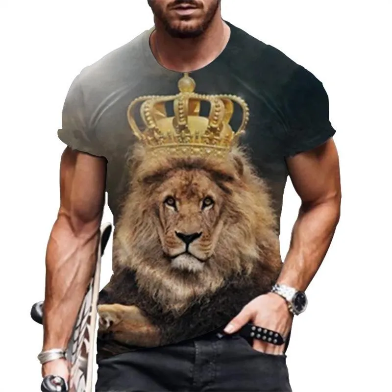 T-shirty męskie T-shirt męski europejski i amerykański letni trend modowy Lion 3D Printing z krótkim rękawem O-dółka Topmen's