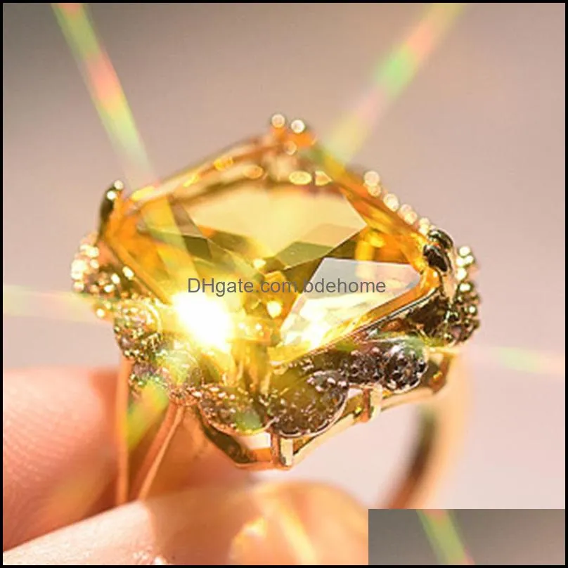 Square Yellow Cyrstal Engagement Band Ring Champagne Big Zircon Rings For Women Vintage Jewelry