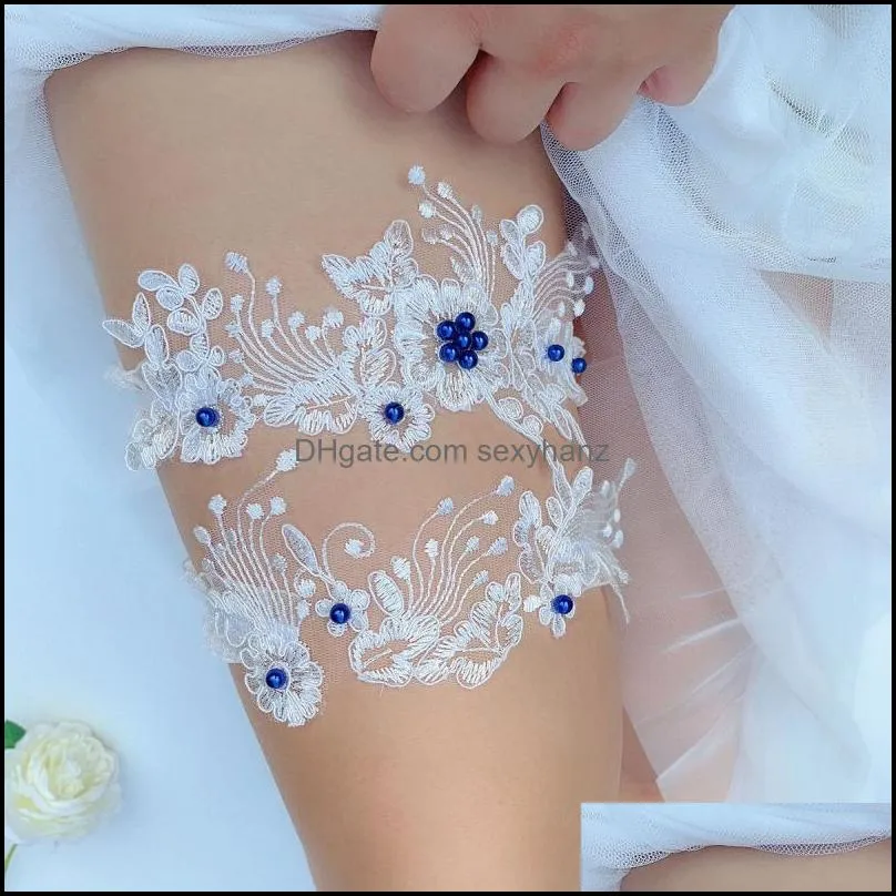 Sexy Lace Flower Crystal Rhinestones Pearls Wedding Garter Belt Bridal Thigh Leg Garter Ring For Women/Female/Bride