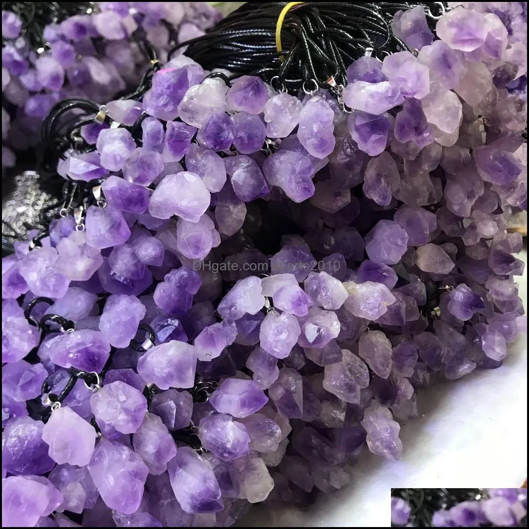 natural amethysts stone pendant necklace high quality leather rope necklace women trendy jewelry factory wholesal sports2010