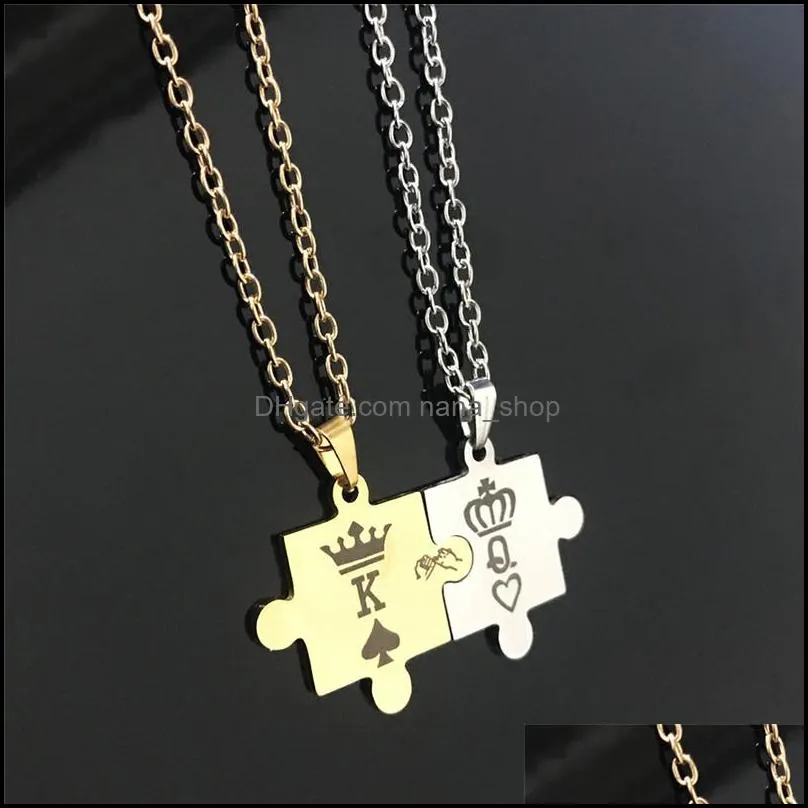2Pcs Romantic K and Q Couple Necklaces High Quality Splice Stainless Steel Pendant Gold Silver Color Crown Jewelry