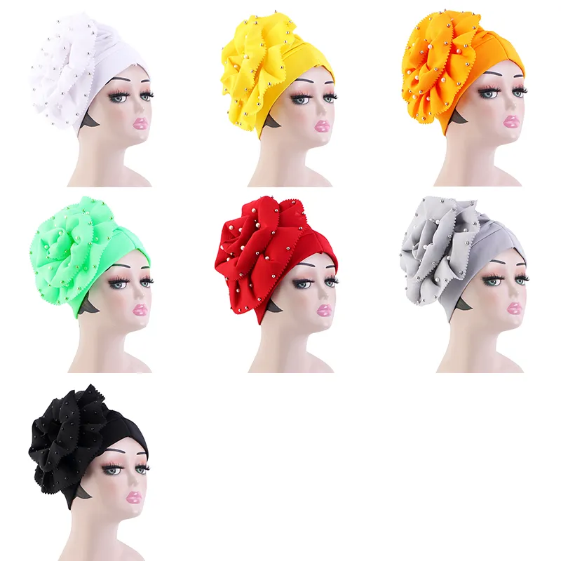 Women big beaded flower turban Hijabs Muslim Islamic Scarf head wrap India Cap Cancer Chemo Headwear Indian Beanie Hair Loss New