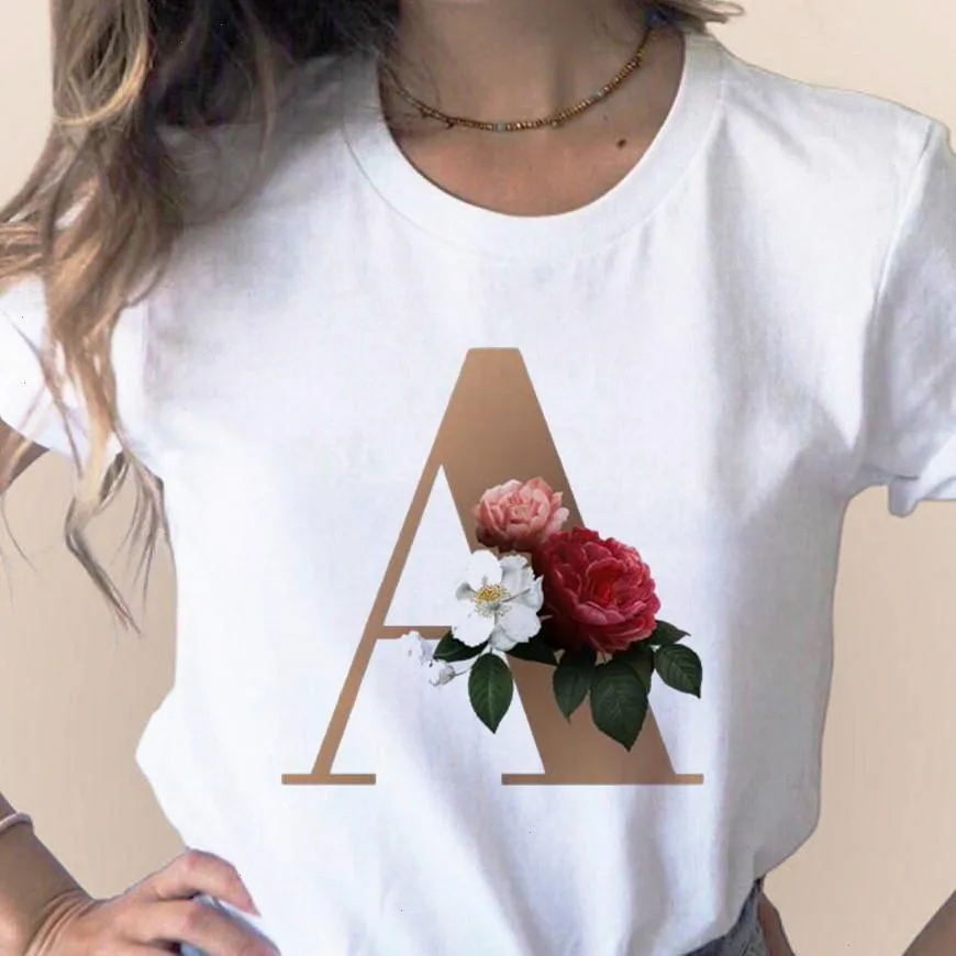 Пользовательские названия буквы Комбинация женских топов высококачественная печатная футболка Flower Font A B D E F G Короткий рукав