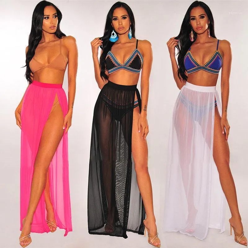 Women Solid Long Maxi Skirt See-through Wrap Beachwear High Slit Bathing Suit Plus Size Swimwear Mesh Beach Cover Up Women's