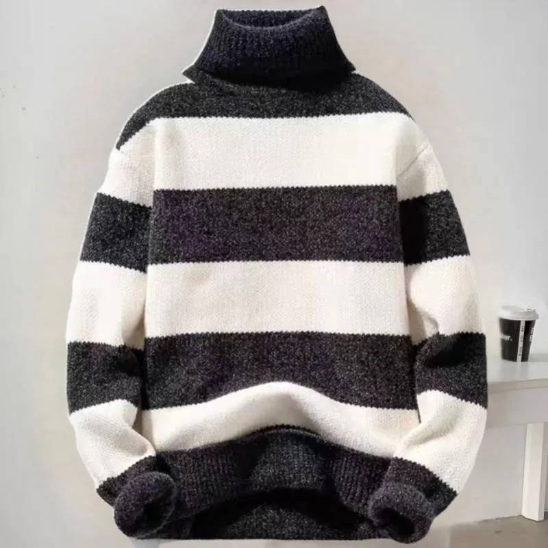 Herentruien herfst winter heren turtleneck gestreepte trui breien pullovers rollneck gebreide warme mannen jumper casual sweatermen's