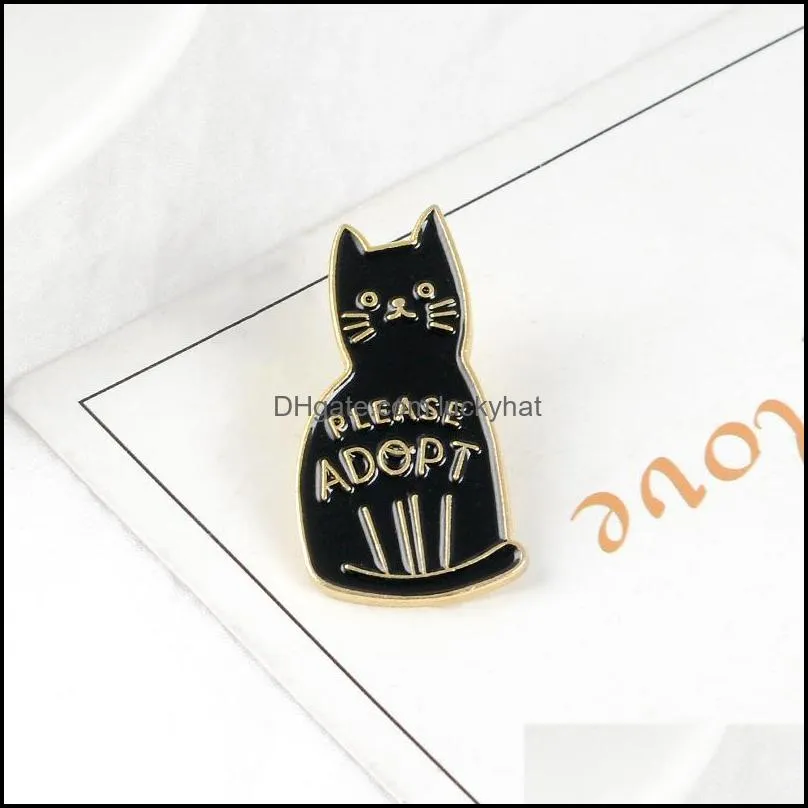 Black Enamel Cat Brooches Button Pins for clothes bag Please Adopt The Badge Of Cartoon Animal Jewelry Gift for friends C3