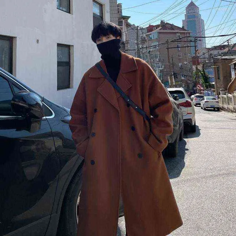 Hommes laine mélanges long manteau de poussière hommes hiver style coréen trench hommes solide double boutonnage laine tissu lâche décontracté trench-coat Outwear Fr T220810