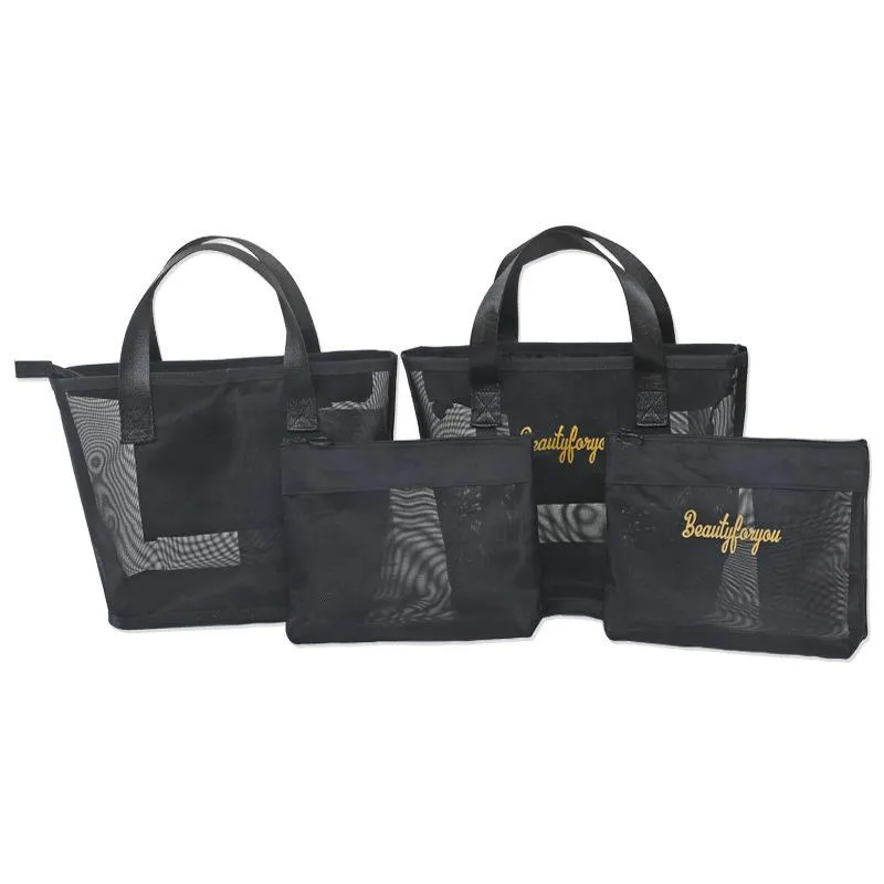 Cosmétique Sacs Cas Noir Mesh Sac Femmes Voyage Casual Fermeture Éclair Maquillage Maquillage Cas Organisateur Pochette De Rangement Toilette Beauté Lavage Kit BagsCos