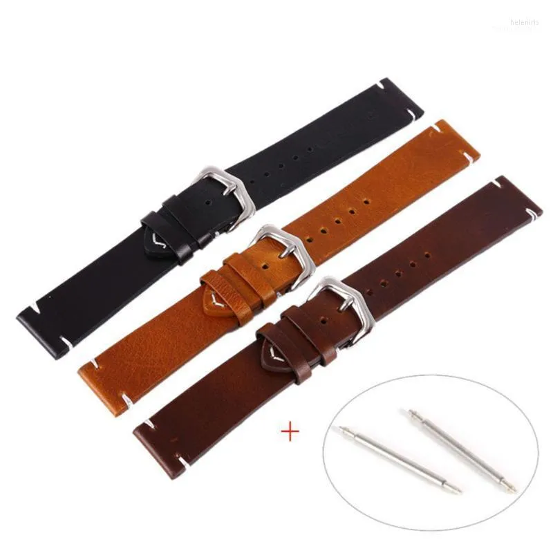 Watch Bands Black Wax Oil Skin Straps Vintage Genuine Leather Watchband Calfskin 18mm 20mm 22mm Brown Stainless Bracelet Hele22