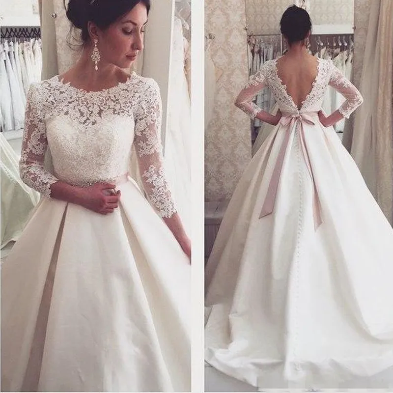 Formal Bridal Gowns Boat Neck Long Sleeves Lace Wedding Dresses backless Applique Sweep Train vestido de Ball Gown