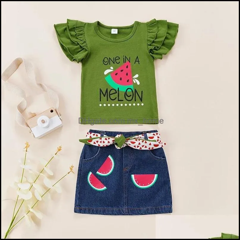 kids clothing sets girls outfits children watermelon print flying sleeve tops denim skirts set summer fashion boutique baby clothes