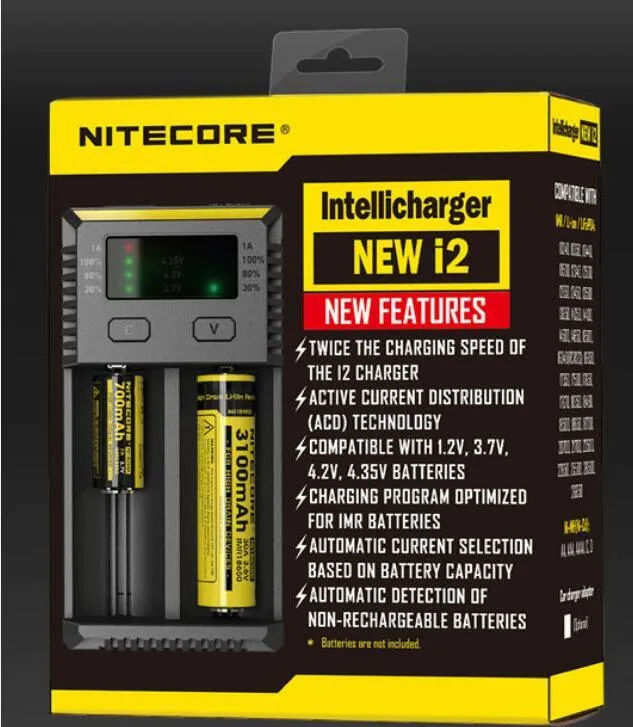 100 % authentisches Nitecore NEUES I2-Akkuladegerät, universell für 18650 16340 26650 14500 22650 18350 26500 Akkus, LCD-Display mit Ladekabel