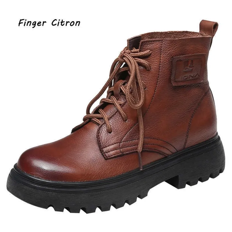 Dedo citron genuíno couro de vaca feminino de anckle botas redondo dedo dedo sola antiskídeo confortável e macio para o estilo de senhora tamanho 3541 210911