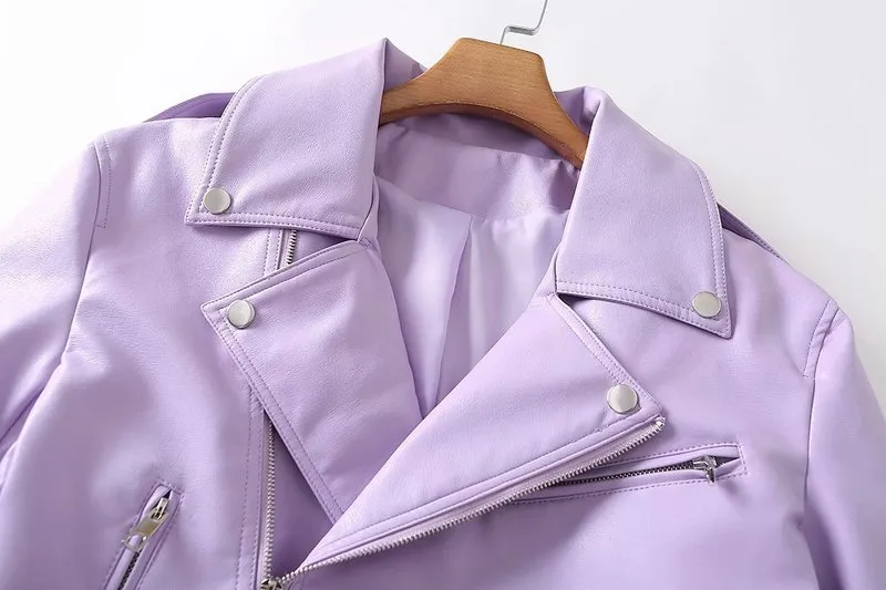 FTLZZ Womens Purple Faux Leather Biker Jacket With From Lu04