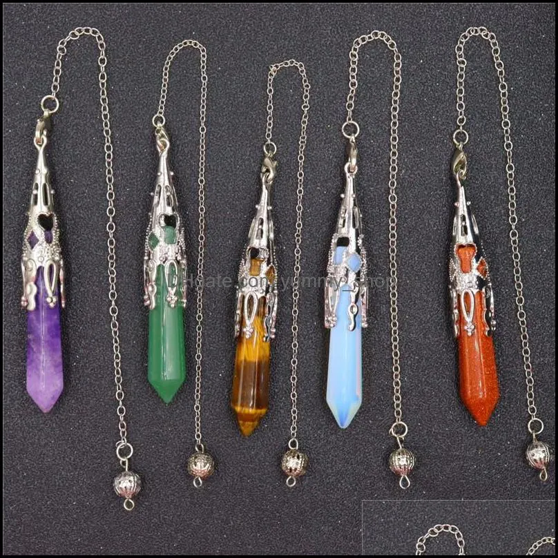 natural stone pendulum hexagonal prism shaped pendant charms 7 chakra chain for divination crystal jewelry charm amulet healing